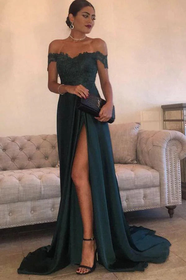 Dark Green Prom Dresses Off-the-shoulder Split Evening Dresses